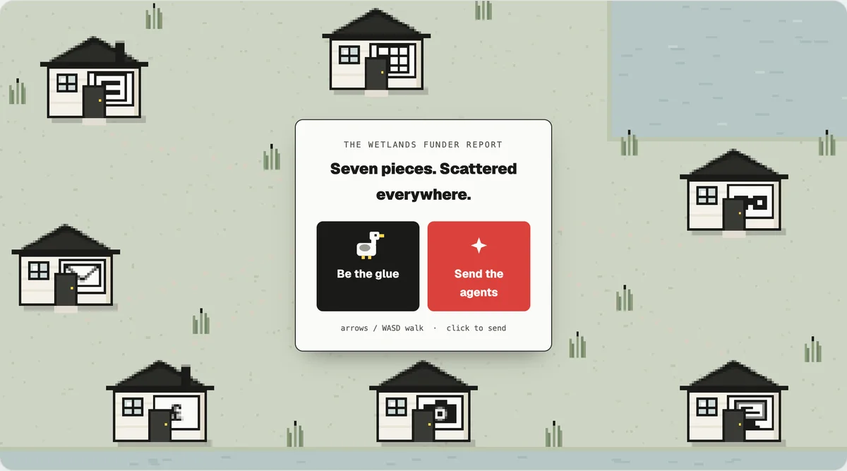 The goose game from The Integration Problem: a pixel-art wetland of houses, and the choice between 'Be the glue' and 'Send the agents'