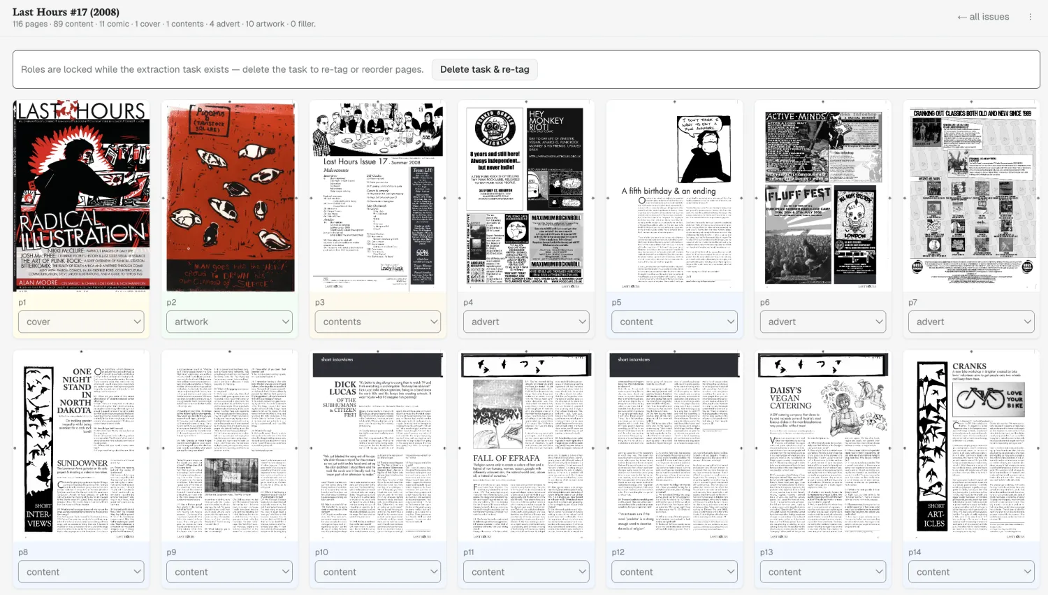 A grid of zine pages, each overlaid with numbered blue boxes marking blocks of text in reading order, with a control to confirm or fix the order.