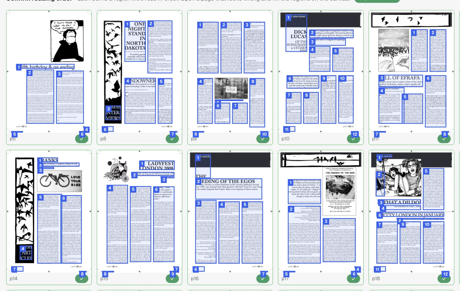 A grid of thumbnails of every page in an issue, each tagged with a role such as cover, contents, advert, artwork or content, with a notice that roles are locked while the extraction task exists.
